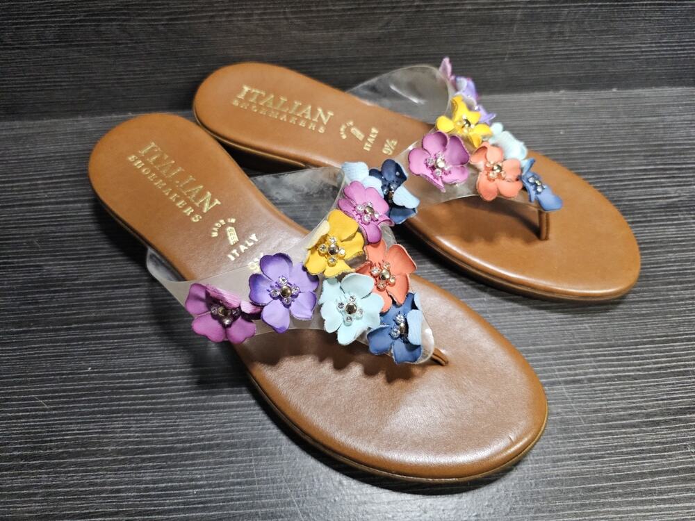 Italiana by ltalian Shoemakers Adara Floral Tan Leather Thong Sandals Size 9.5